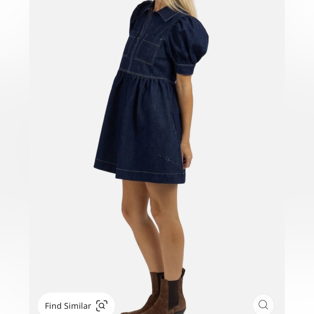 Classic Short-Sleeve Denim Mini Dress - Navy - Picture 2 of 7
